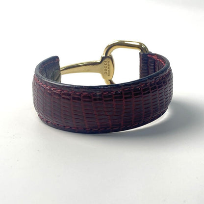 GUCCI Bracelet Bangle Horsebit Gold Bordeaux Leather Women Accessory Authentic