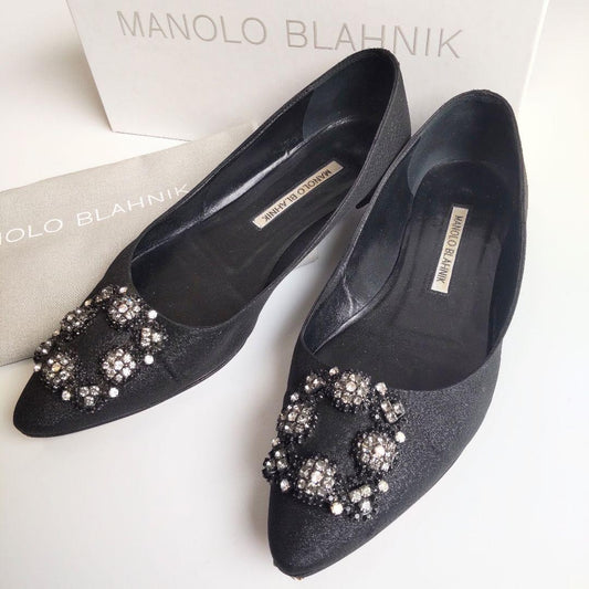 Manolo Blahnik Flat Shoes Pumps Heel HANGISI EU 37.5 US 7.5 Black Authentic