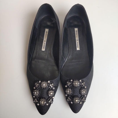 Manolo Blahnik Flat Shoes Pumps Heel HANGISI EU 37.5 US 7.5 Black Authentic