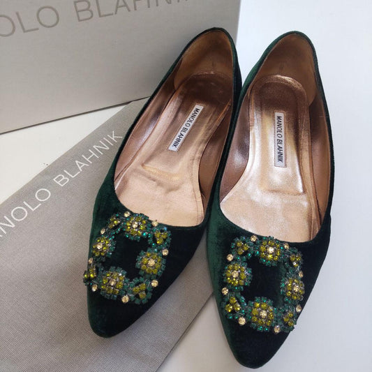 Manolo Blahnik Shoes Pumps Heel HANGISI EU 37.5 US 7.5 Dark Green Authentic