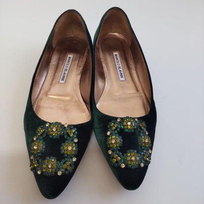 Manolo Blahnik Shoes Pumps Heel HANGISI EU 37.5 US 7.5 Dark Green Authentic