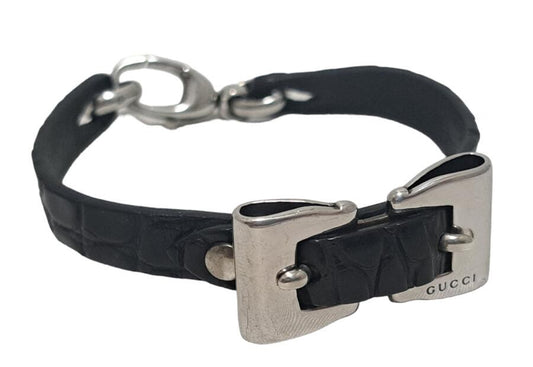 GUCCI Bracelet Bangle Leather Black Unisex Accessory Authentic