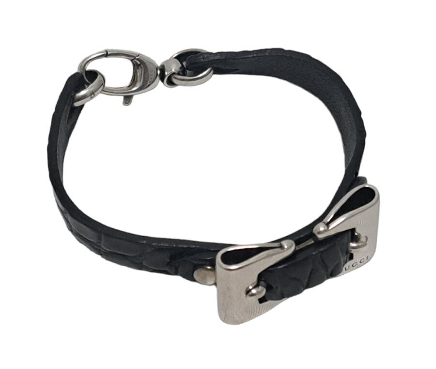 GUCCI Bracelet Bangle Leather Black Unisex Accessory Authentic