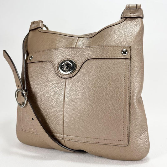 COACH Shoulder Bag Purse Turn Lock Leather Beige Authentic