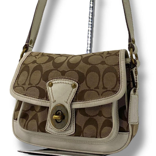 COACH Shoulder Bag Purse Turn Lock Canvas Leather White Beige Authentic
