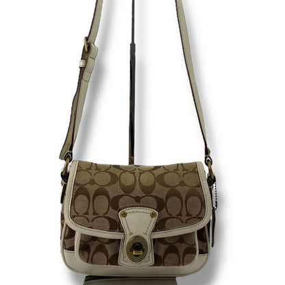 COACH Shoulder Bag Purse Turn Lock Canvas Leather White Beige Authentic