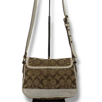 COACH Shoulder Bag Purse Turn Lock Canvas Leather White Beige Authentic