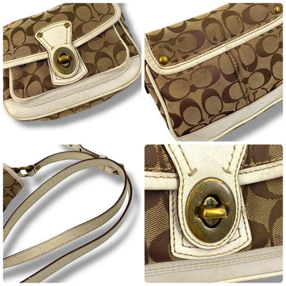COACH Shoulder Bag Purse Turn Lock Canvas Leather White Beige Authentic