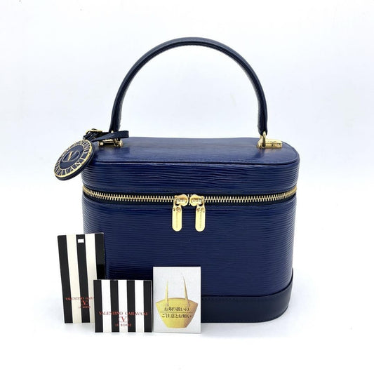 Valentino Garavani Vanity Bag Hand Bag Tote Purse Leather Navy Authentic
