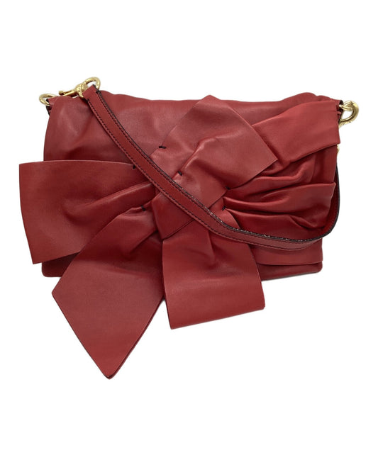 Valentino Garavani Shoulder Bag Purse Ribbon motif clutch one shoulder Red Auth