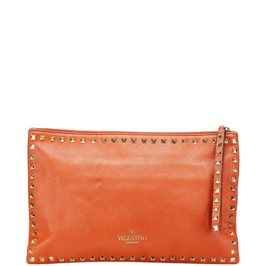 Valentino Clutch Bag Second Bag Rockstuds Leather Orange Authentic
