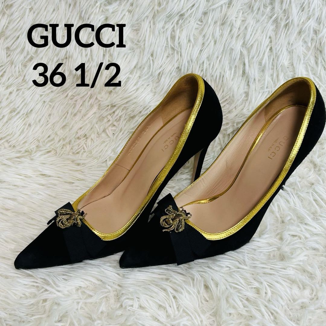 GUCCI Shoes Pumps Heel EU 36.5 US 6.5 Suede Black Authentic