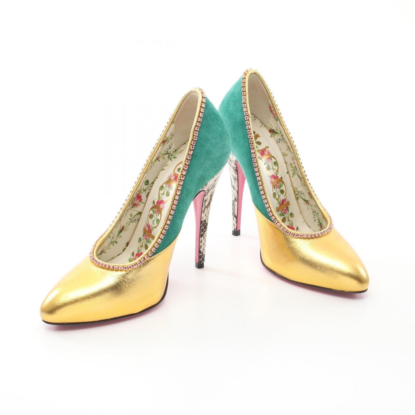 GUCCI Shoes Pumps Heel EU 34.5 US 4.5 Leather Suede Multicolor Authentic