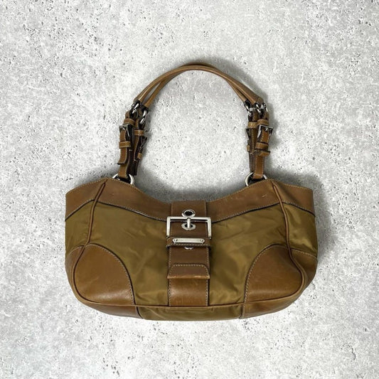 PRADA Bag Hand Tote Purse Logo Nylon Leather Beige Authentic Vintage