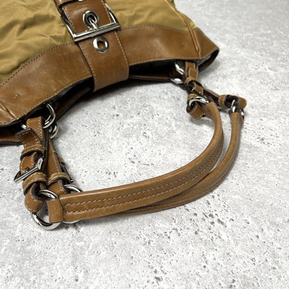 PRADA Bag Hand Tote Purse Logo Nylon Leather Beige Authentic Vintage