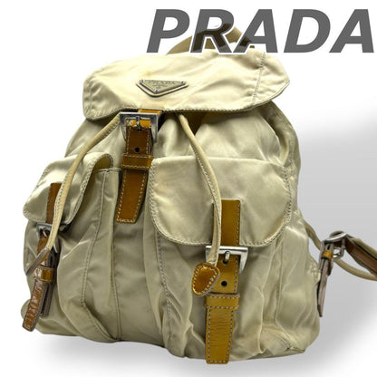 PRADA Bag Backpack Purse  Logo Nylon Leather Beige Authentic