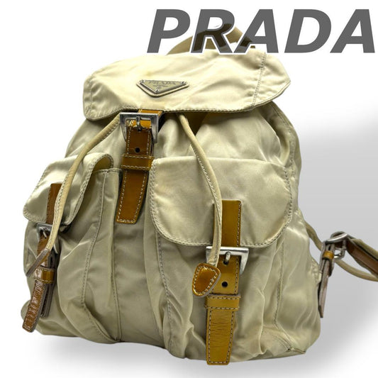 PRADA Bag Backpack Purse  Logo Nylon Leather Beige Authentic