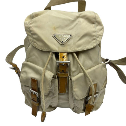 PRADA Bag Backpack Purse  Logo Nylon Leather Beige Authentic