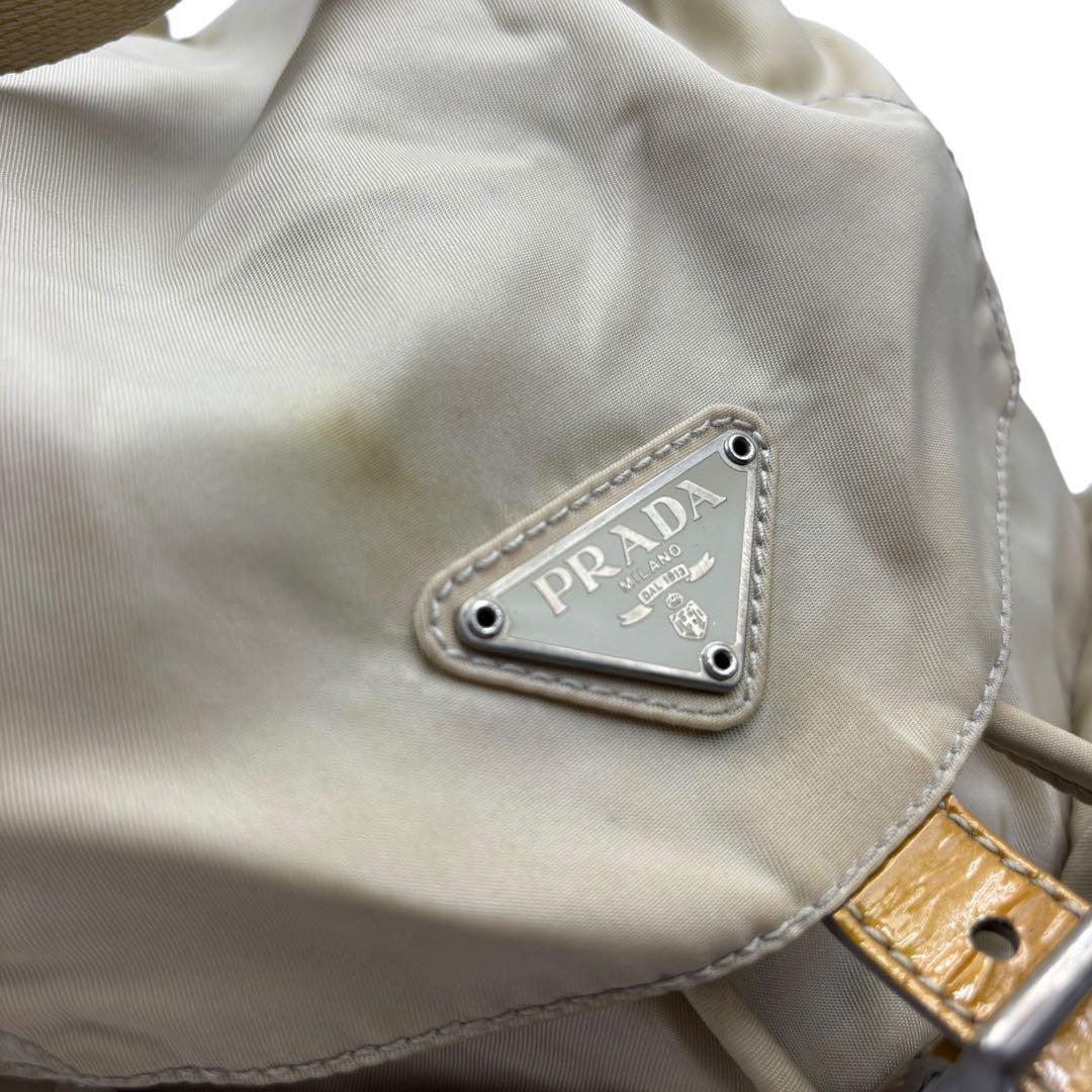 PRADA Bag Backpack Purse  Logo Nylon Leather Beige Authentic