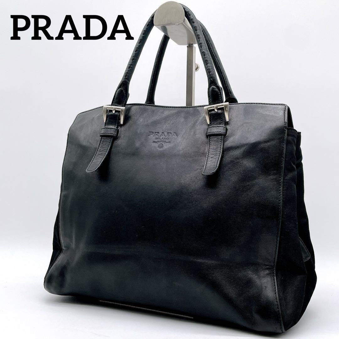 PRADA Bag Logo Hand Tote Purse Leather Black Vintage Authentic