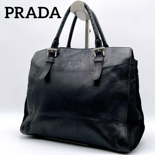 PRADA Bag Logo Hand Tote Purse Leather Black Vintage Authentic