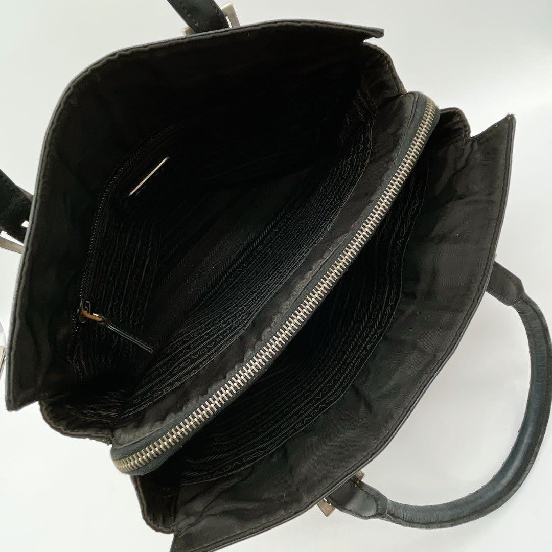PRADA Bag Logo Hand Tote Purse Leather Black Vintage Authentic