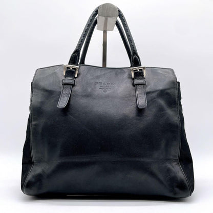 PRADA Bag Logo Hand Tote Purse Leather Black Vintage Authentic