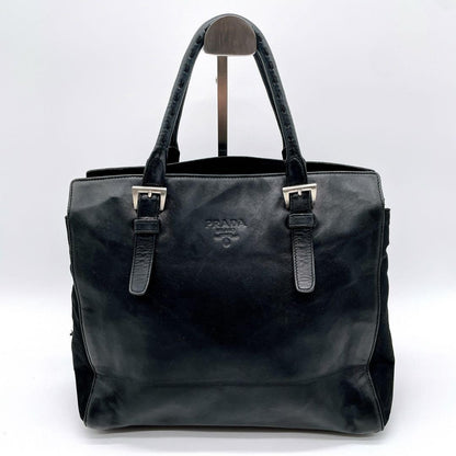 PRADA Bag Logo Hand Tote Purse Leather Black Vintage Authentic