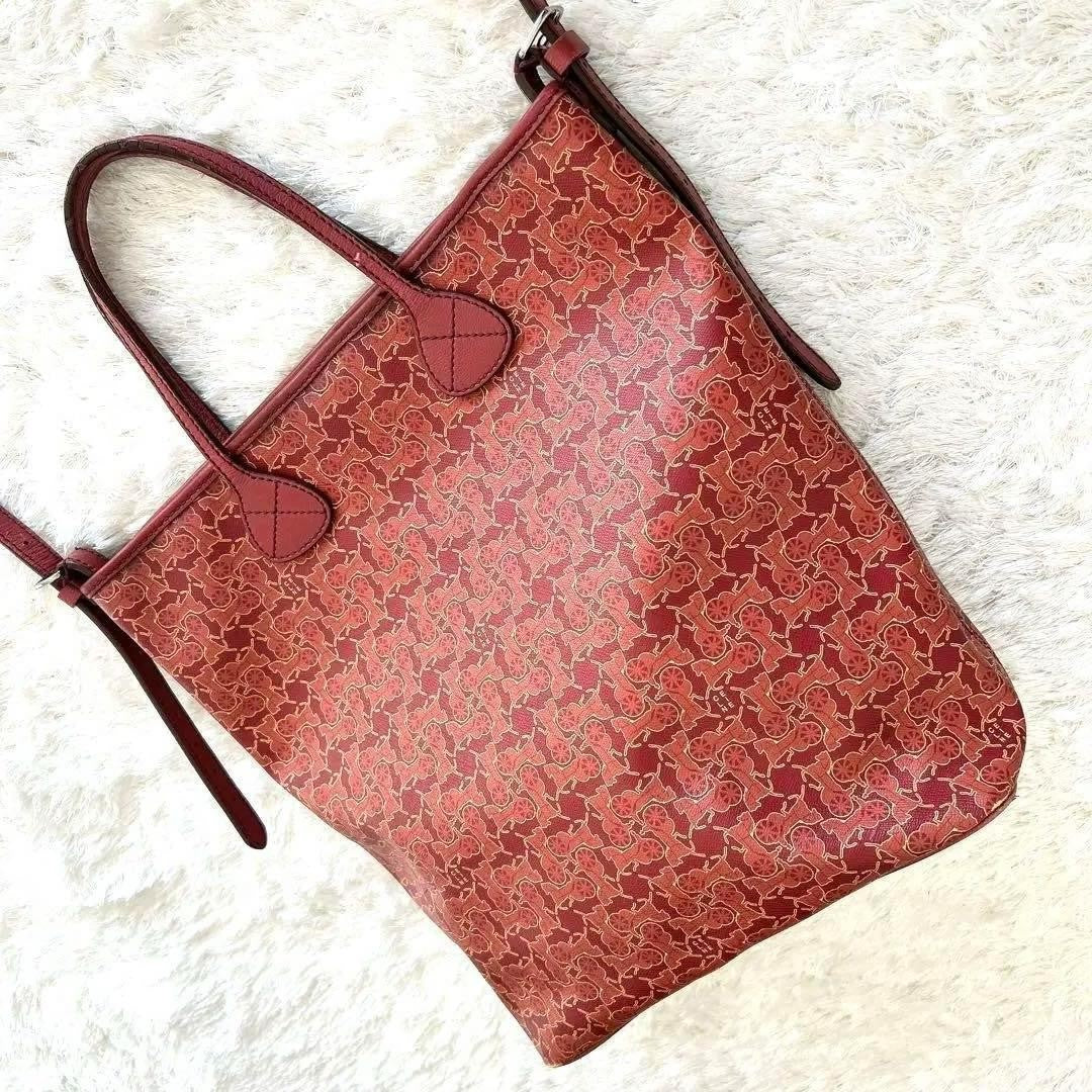 CELINE handbag Tote Purse Horse carriage Leather Red Authentic Used Women's