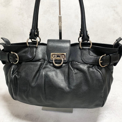Salvatore Ferragamo Bag Gancini Hand Tote Purse Leather Black Silver Authentic