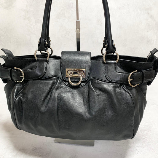 Salvatore Ferragamo Bag Gancini Hand Tote Purse Leather Black Silver Authentic