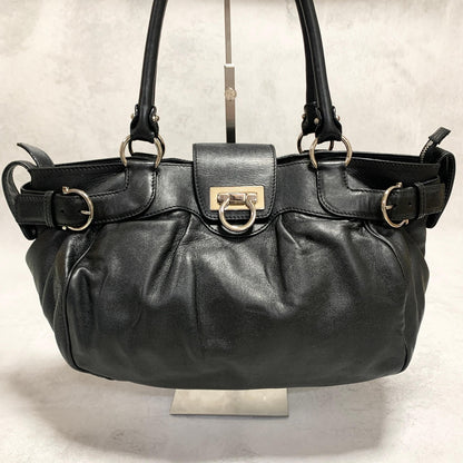 Salvatore Ferragamo Bag Gancini Hand Tote Purse Leather Black Silver Authentic