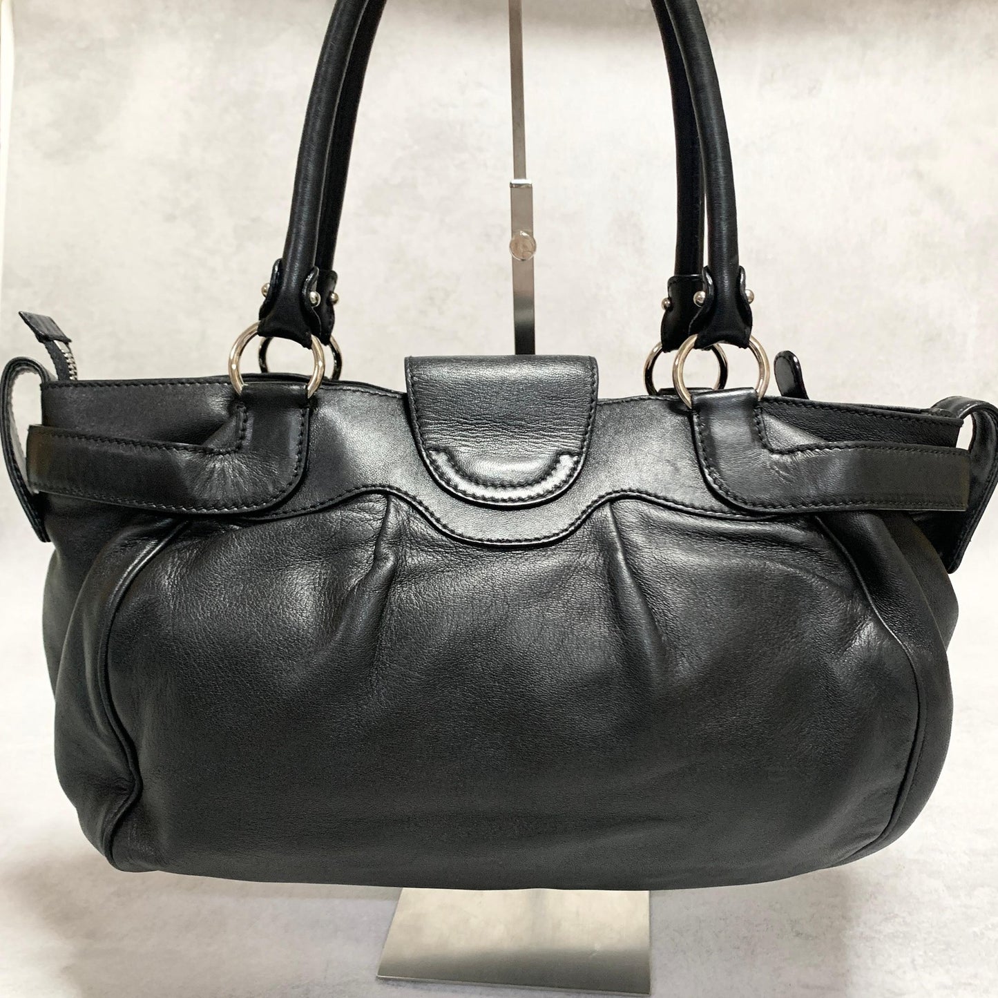Salvatore Ferragamo Bag Gancini Hand Tote Purse Leather Black Silver Authentic