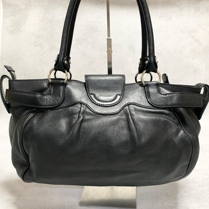 Salvatore Ferragamo Bag Gancini Hand Tote Purse Leather Black Silver Authentic