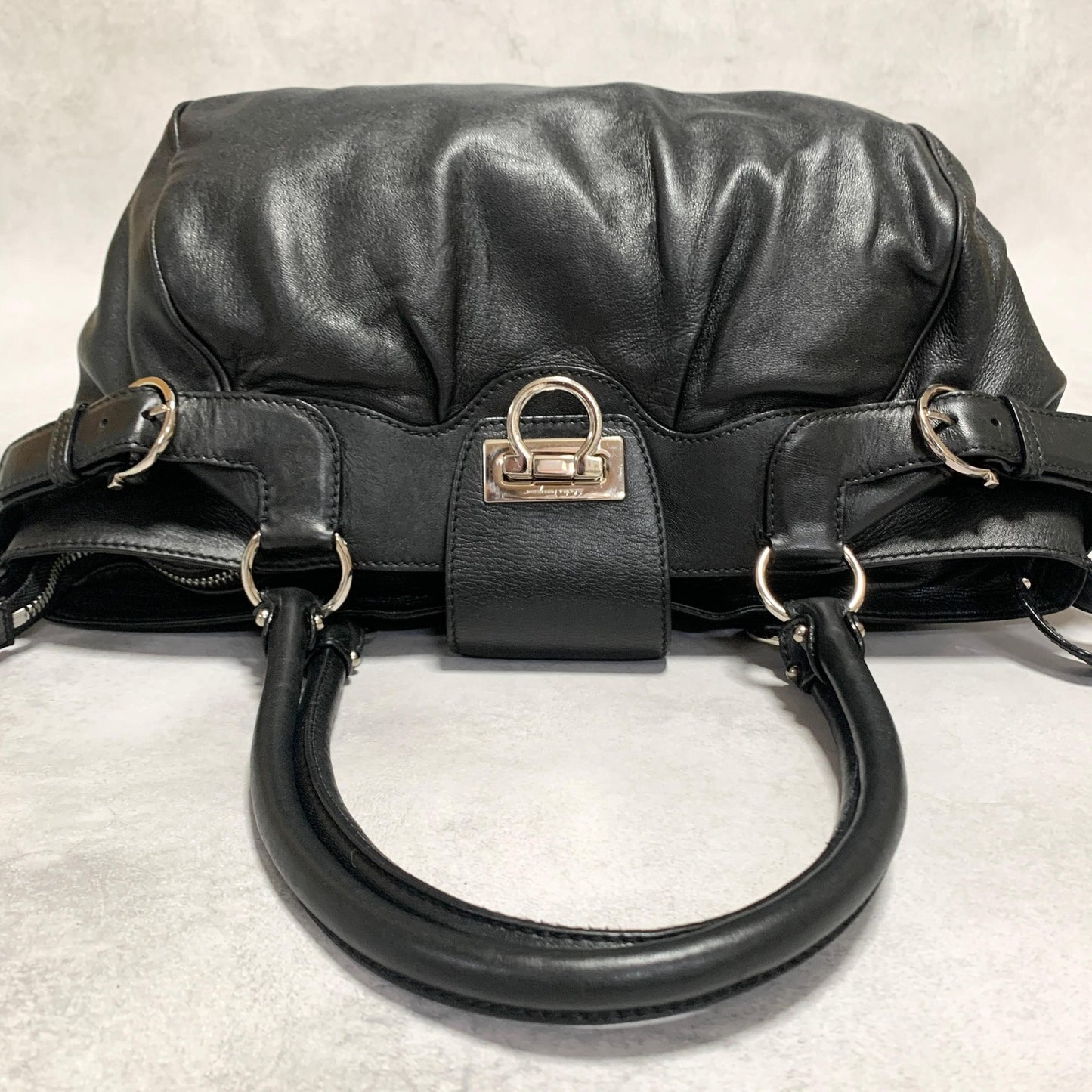Salvatore Ferragamo Bag Gancini Hand Tote Purse Leather Black Silver Authentic