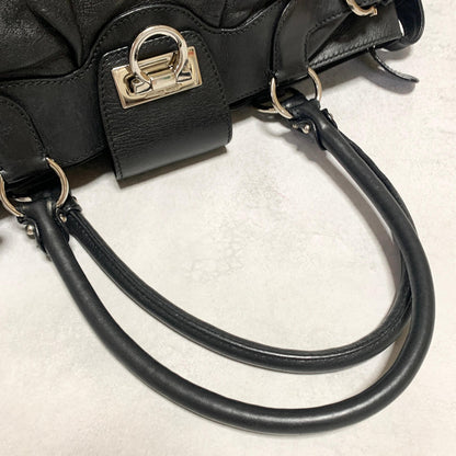 Salvatore Ferragamo Bag Gancini Hand Tote Purse Leather Black Silver Authentic