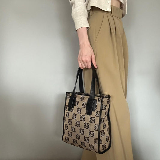 LOEWE Bag Anagram Hand Tote Purse Canvas Leather Beige Black Silver Authentic