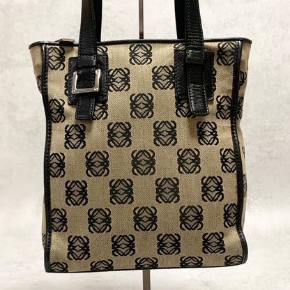LOEWE Bag Anagram Hand Tote Purse Canvas Leather Beige Black Silver Authentic