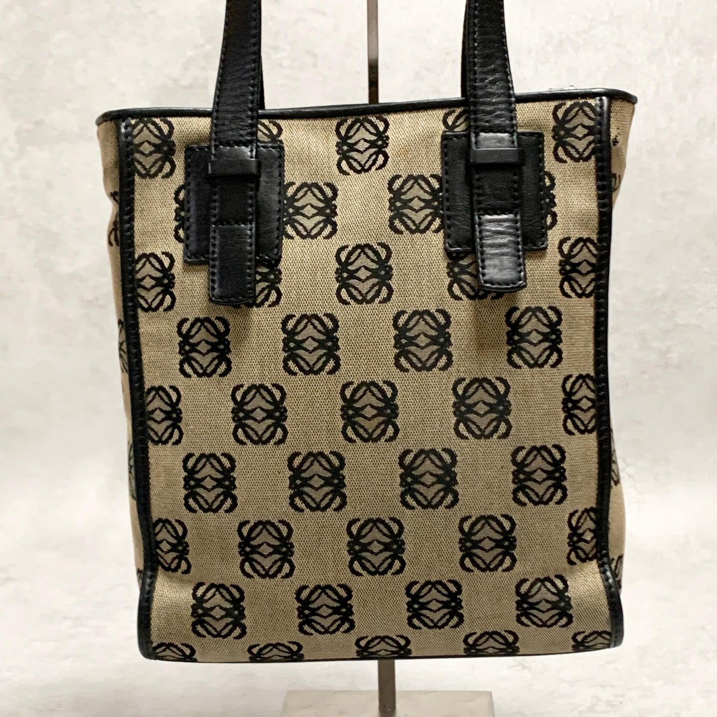 LOEWE Bag Anagram Hand Tote Purse Canvas Leather Beige Black Silver Authentic