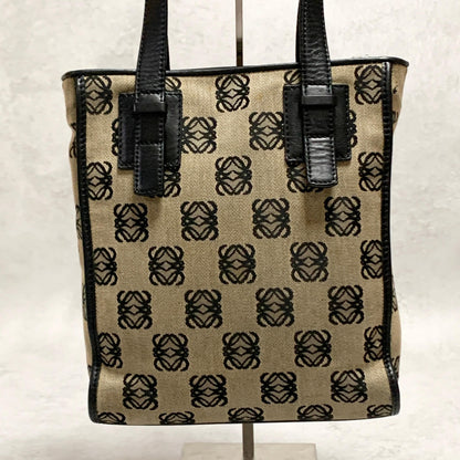 LOEWE Bag Anagram Hand Tote Purse Canvas Leather Beige Black Silver Authentic