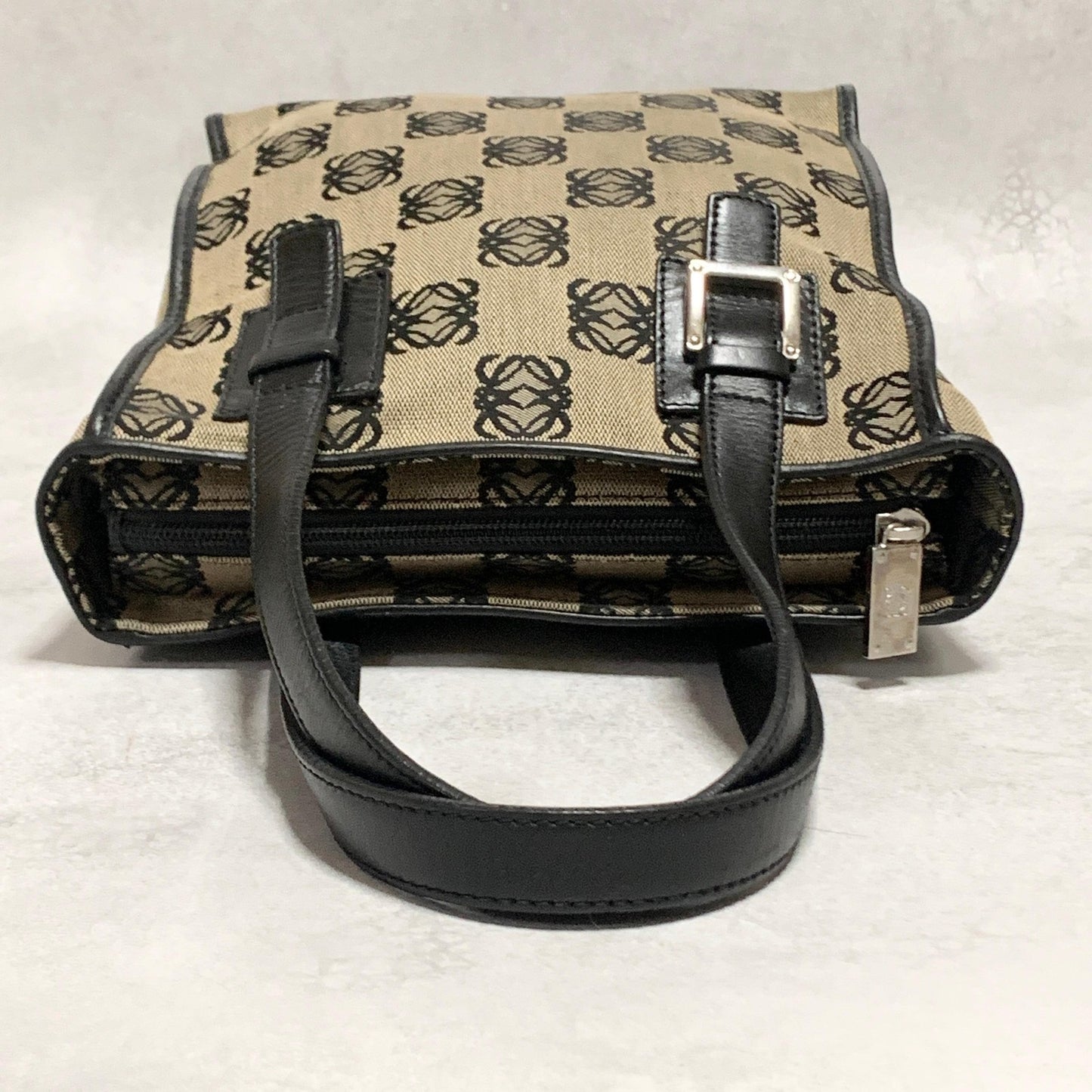LOEWE Bag Anagram Hand Tote Purse Canvas Leather Beige Black Silver Authentic