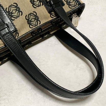 LOEWE Bag Anagram Hand Tote Purse Canvas Leather Beige Black Silver Authentic