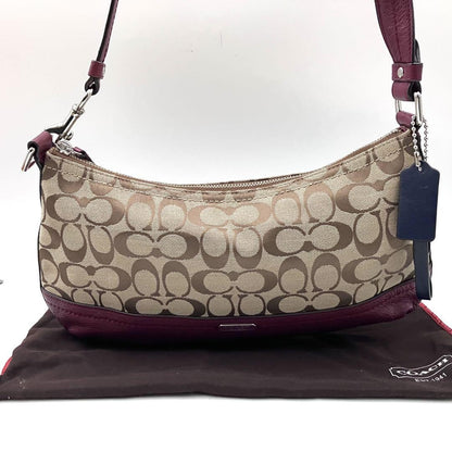 COACH Shoulder Bag Purse Signature Canvas Leather Beige Red Authentic