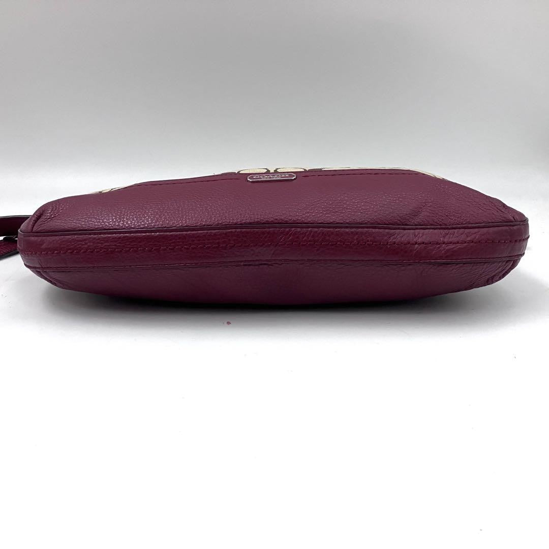 COACH Shoulder Bag Purse Signature Canvas Leather Beige Red Authentic