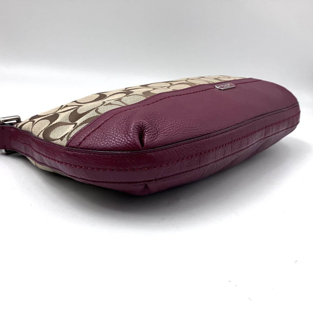 COACH Shoulder Bag Purse Signature Canvas Leather Beige Red Authentic