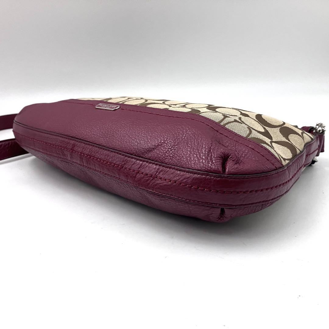 COACH Shoulder Bag Purse Signature Canvas Leather Beige Red Authentic