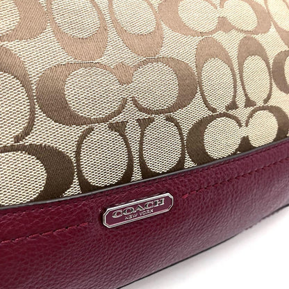 COACH Shoulder Bag Purse Signature Canvas Leather Beige Red Authentic