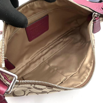 COACH Shoulder Bag Purse Signature Canvas Leather Beige Red Authentic