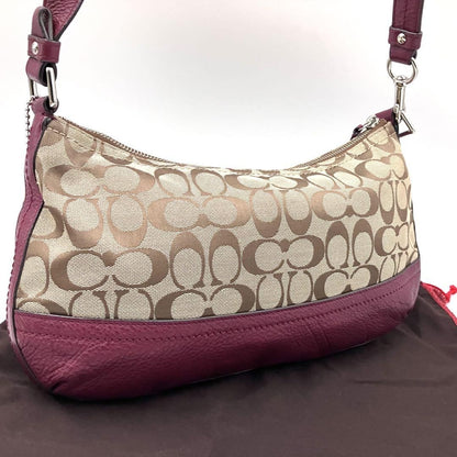 COACH Shoulder Bag Purse Signature Canvas Leather Beige Red Authentic