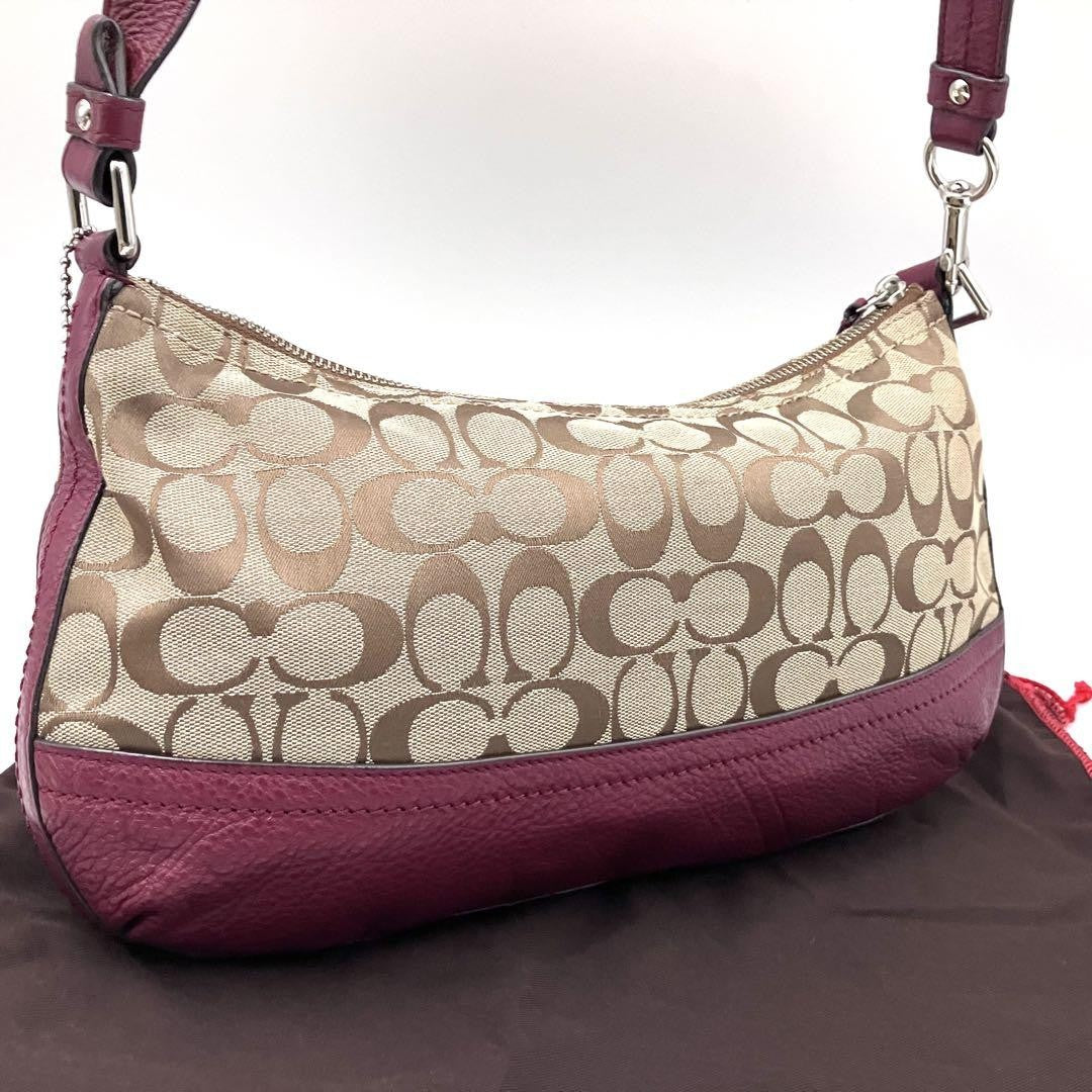 COACH Shoulder Bag Purse Signature Canvas Leather Beige Red Authentic